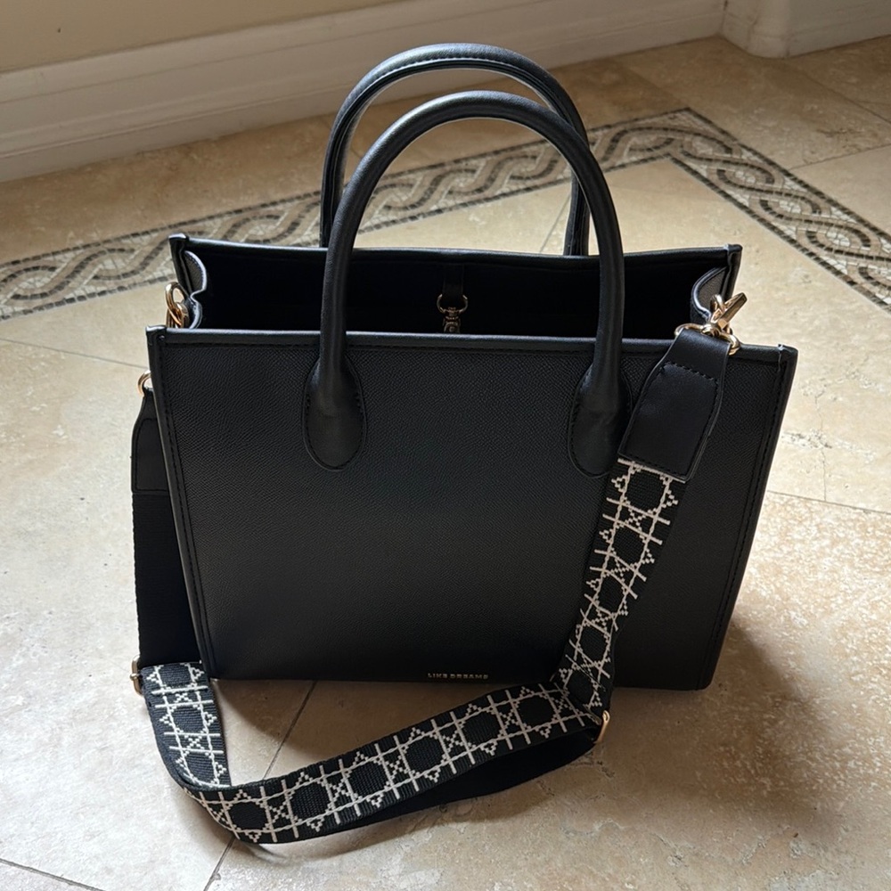 Black Structured Tote Bag with Detachable Patterned Strap